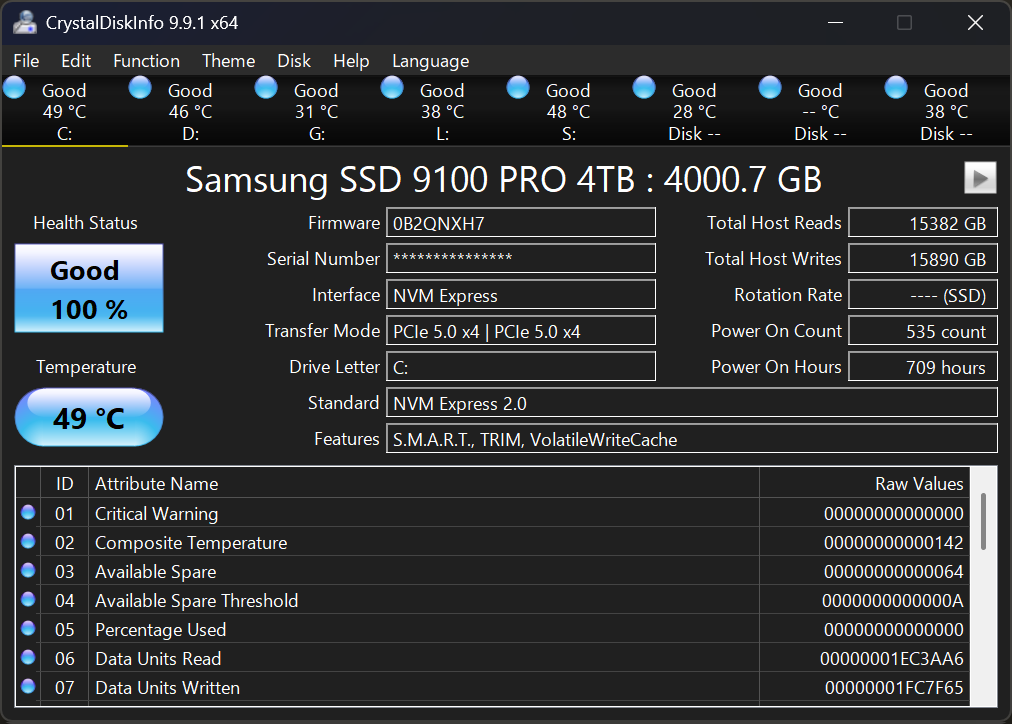 CrystalDiskInfo V9.9.2 Standard Edition 硬盘健康检测界面