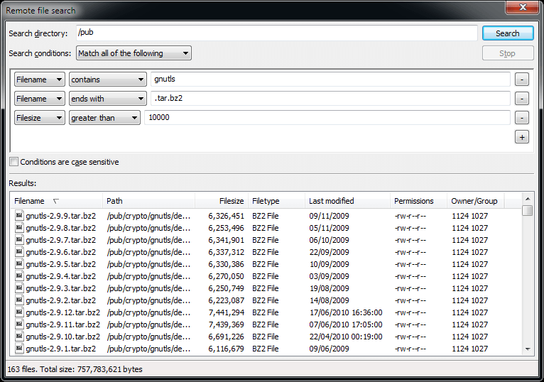 FileZilla Windows 搜索对话框截图